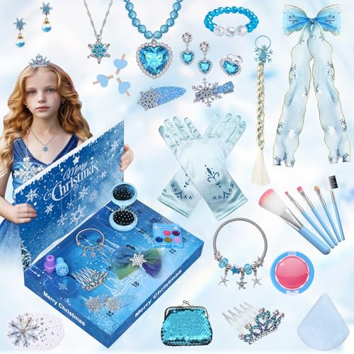 Adventskalender 2024 Mädchen Geschenk, Weihnachten Countdown Kalender, Weihnachten Geschenk für Mädchen Weihnachts Adventskalender mit DIY Schmuck Kinderschminke Halskette Ring Haarschmuck