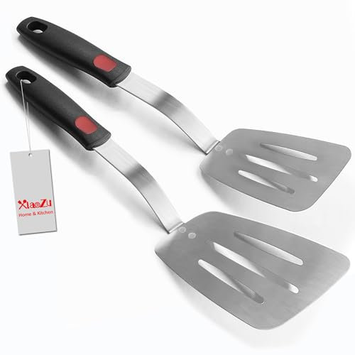Stainless Steel Flexible Spatula Slotted Turner, XiaoZu Thin Metal Spatula for Cast Iron Skillet, Thin Blade and Heat Resistant Silicone Handle, Great for Egg, Cookie, Meat, Crep, Medium + Large