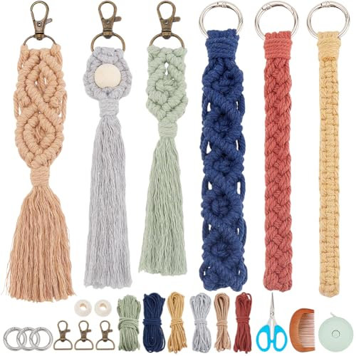 INFUNLY 6 Sets DIY Makramee Boho Schlüsselanhänger Kits für Anfänger bunte Baumwolle Makramee Armband Kit mit Anleitung Makramee Schlüsselanhänger Kit mit Quaste für Riemen Telefon Taschen Charme
