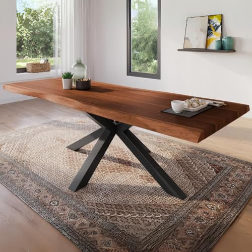 trelevo Esszimmertisch 300x100 cm, Akazienholz massiv, Tischplatte nussbaumfarben, echte Baumkante, Spider Gestell schwarz, Baumkantentisch