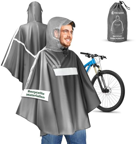 freemind® Regenponcho Fahrrad - Poncho Damen & Herren - aus recyceltem Material - Fahrradponcho wasserdicht, winddicht, atmungsaktiv - Unisex Regencape mit Reflektor - grau, Größe S