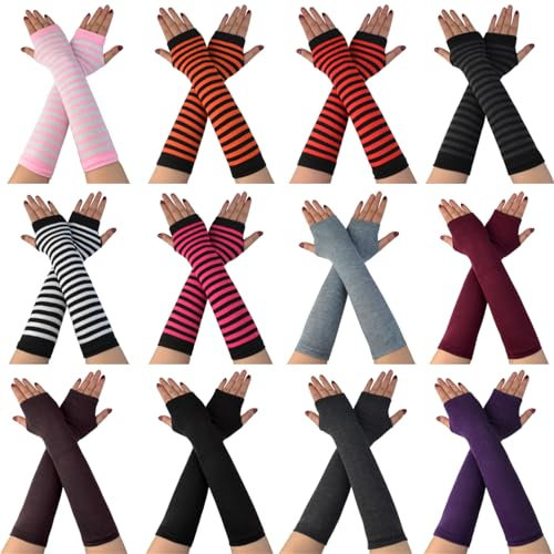 baotongle 12 Pairs Damen Lange Fingerlose Handschuhe Streifen Fingerlose Armwärmer für Frauen Elastische Handschuhe