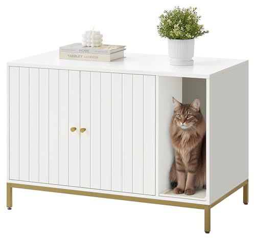 Feandrea Meuble Litière pour Chat, Maison de Toilette pour Chat, avec Tapis de Grattage, Pieds Hauts, Table d'Appoint, 90 x 48 x 61,5 cm, Blanc et Doré PCL027W01