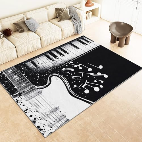 Srigzcaly Teppich Wohnzimmer, Klaviergitarrennoten-Thema Teppiche rutschfest Waschbar Schwarz Und Weiß Teppiche Kurzflor für Schlafzimmer Kinderzimmer, Weiche Flanell Teppich 180x240cm