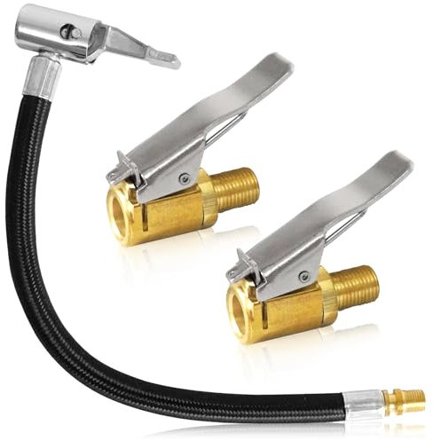 WEFINEST 2 pcs Tyre Inflator Connector, 23.5cm Tyre Inflator Hose with Brass Tyre Valve Air Pump Clip, Soft Tyre Pump Hose Rubber Valve Air Rubber Hose for Car, Bicycle, Motorbike