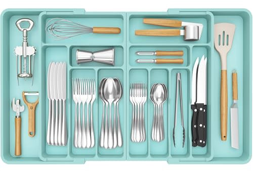 Lifewit Grandes Organizador Cuberteros para Cajon, Extensible al 36 Pulgadas de Ancho, BPA Free Bandeja Vajilla de Cocina, Tabletas Separador de Plástico para Cuchillo/Cuchara/Tenedor, Turquesa