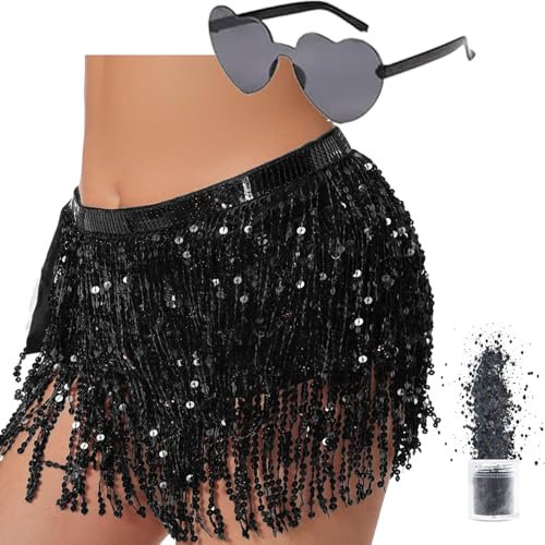 Paileten Rock Damen Glitzerrock, Bauchtanz Hufttuch Damen fur Halloween Karneva GlitzerRock, Quastenrock Bauchtanz Kostum Damen und Madchen (DE/NL/SE/PL, Bundweite, S, Regular, Regular, Schwarz)