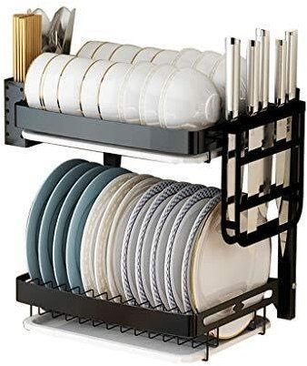 GLJTUO Escurridor De Platos De Acero Inoxidable Montado En La Pared - Escurridor De Platos Colgante De 3 Niveles Negro Pequeño con Tabla De Drenaje, Soporte para Cuchillos Y Cub,