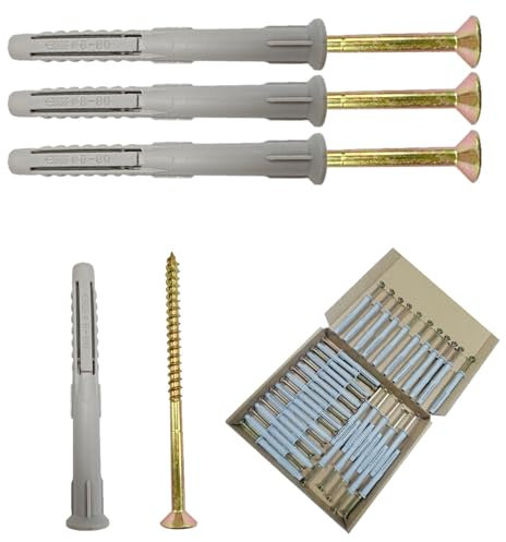 Lot de 38 vis robustes avec chevilles en nylon (4,9 x 85 mm) et chevilles murales (8 x 80 mm), vis de maçonnerie à usages divers pour mur de briques