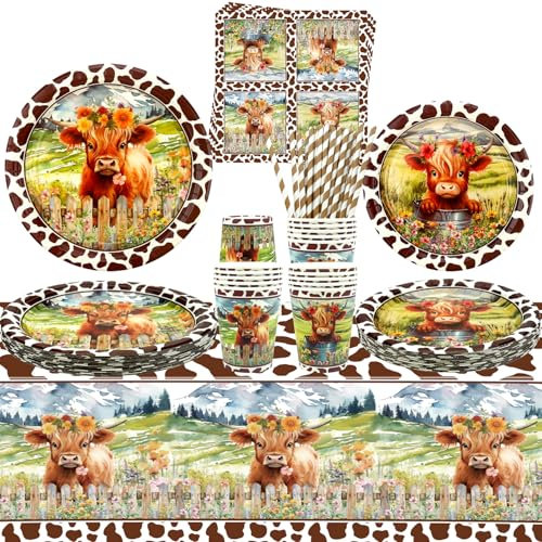 Highland Cow Partyzubehör – Braune Kuh Partygeschirr – Speiseteller, Desserts, Teller, Becher, Servietten, Tischdecke, Strohhalme für westliche Bauernhoftiere, Geburtstagsdekoration, 20 Stück