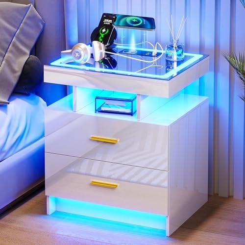 yoofun LED Bedside Table with Charging Station, High Gloss Nightstand with 2 Drawers, 24 Color Dimmable Modern Smart Night Stand with USB Type-C port Bedroom, End Table for Living Room Bedroom White