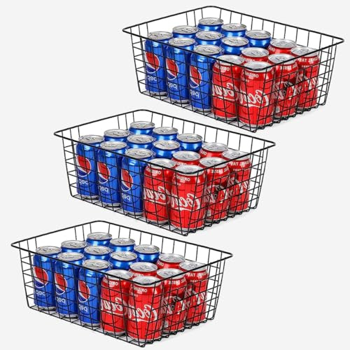 WYIPOLZI 3PCS Large Wire Storage Baskets, Black Wire Basket, Metal Basket for Pantry, Wire Freezer Storage Baskets with Handle for Home, Office, Kitchen, Bathroom, 36x28x16cm