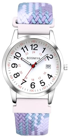 JewelryWe Boho Uhr mit Geflochten Elastischem Stoffarmband Damen Herren Kalender Analog Quarz Armbanduhr Farbig Gewebt Stretcharmband Senioren Uhr mit 12/24 Stunden Großen Zahlen Zifferblatt