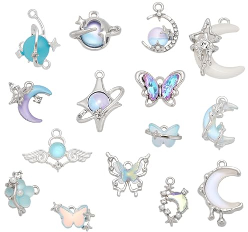 WADORN 30 Stück Emaille Gothic Charms Anhänger, 15 Stil Sortierter Mondstern Schmetterlings Blumen Metallanhänger Metalllegierung Bastelzubehör Für DIY Schmuck Armbänder Halsketten Ohrringe