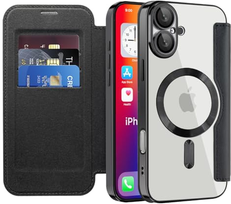 SIYOPINPFY Wallet Case for iPhone 16 Plus with Card Holder, Black JD | [Compatible with MagSafe] [RFID Blocking] Premium Flip Leather Card Slots Holder , Magnetic Clear Back Shockproof Phone Case