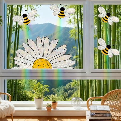 Fensterbilder Kleine Biene und Sonnenblumen Fensteraufkleber mit Vier Jahreszeiten Doppelseitige Glasaufkleber, Fenster Sticker Glänzende Fensteraufkleber in Regenbogen-Prismaform