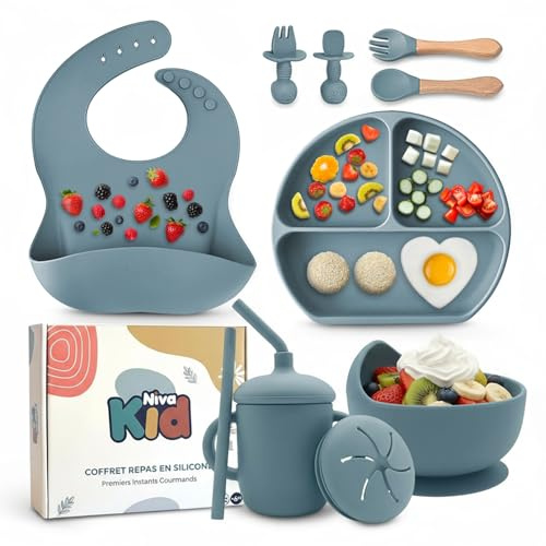 Coffret Repas Bebe en Silicone, Assiette Bebe Ventouse, Set Vaisselle 1er Age Complet avec Cuillère, Bavoir et Tasse, Kit Naissance sans BPA, Idée Cadeau Bébé Fille et Garcon dme Bebe - Bleu