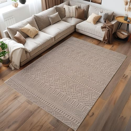HomebyHome Teppich 160x230 cm Beige Vintage Design Bouclé Schlingenflor Skandi Stil Modern Superweich Robust Pflegeleicht für Wohnzimmer Sofabereich Esszimmer Schlafzimmer Küche