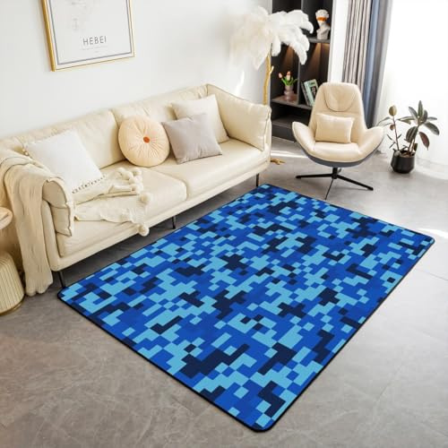Manfei Blauer Pixelblock Bereich Teppiche,Geometrisches Gitter Rutschfester Teppich Miners Stil Spiele Indoor Fußbodenmatte Home Wohnzimmer Dekor,100 x 150 cm