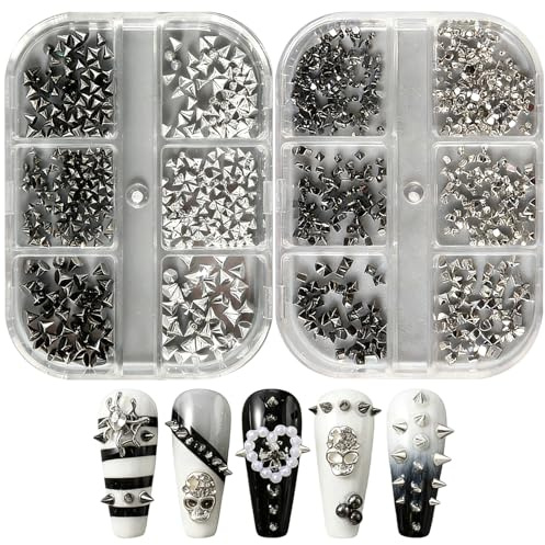 Punk Nail Charms,2Boxes 12Grids Cone Rivet Nail Art Charms,Metal Alloy Nail Art Decorations Ornaments for Manicure Design DIY Crafts Nail Accessories Supplies (Silver Gun)