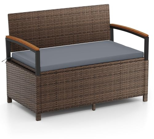 FANTASK Polyrattan Gartenbank mit 175 L Stauraum, 120 x 61 x 84 cm, 2-Sitzer wetterfeste Balkonbank mit Kissen, Sitzbank mit integrierter Kissenbox, Truhenbank für Garten, Balkon, Terrasse (Grau)