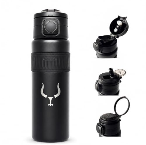 Bullstep® - Botella Agua Termica Acero Inoxidable 18/10 de 750ml 1 Litro | Termo con pajita y anilla integradas en el tapón. Frío 24h, caliente 12h. Cantimplora garrafa Isotermica, water bottle