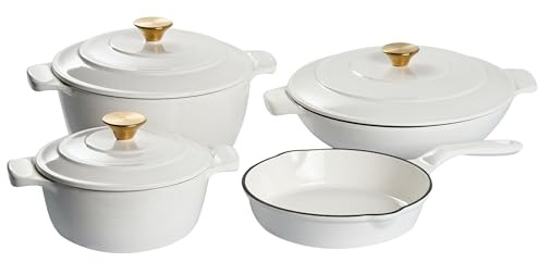 Kochgeschirrset 4-teilig emailliertes Gusseisen cremeweiß rund für Herd und Backofen Ferrano