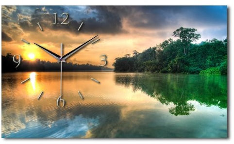 Kreative Feder Designer-Wanduhr See Landschaft Natur Funkuhr in modernem Design ohne Ticken (See, leises Funkuhrwerk)