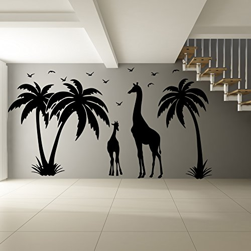 (240 x 131 cm, Vinyl, Insel, Paradies mit Palmen Vögel und Giraffen, Giraffen-Familie mit Baby, mit Deko-Aufkleber, personalisierbar, Vinyl, Motiv verschiedene Geschenk!