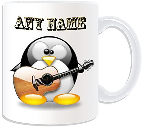 Personalised Gift - Classic Wooden Guitar Mug (Penguin in Costume Design Theme, White) - Any Name/Message on Your Unique