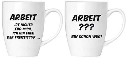 BRUBAKER Arbeit ist nichts für mich. Ich bin eher der Freizeittyp - Tassen Set inkl. Geschenkpackung und Grußkarte - Kaffeetassen Geschenkset - Kaffeebecher Lustig aus Keramik für Büro