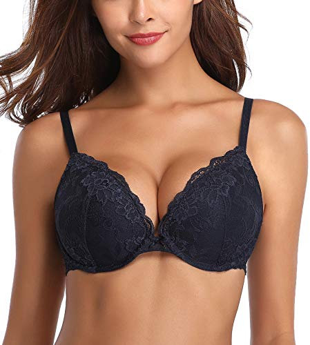 Deyllo Women's Push Up Lace Bra Sexy Deep V Lift Up Bra Underwire Padded Comfort Everyday Bra(Navy-Blue,36D)
