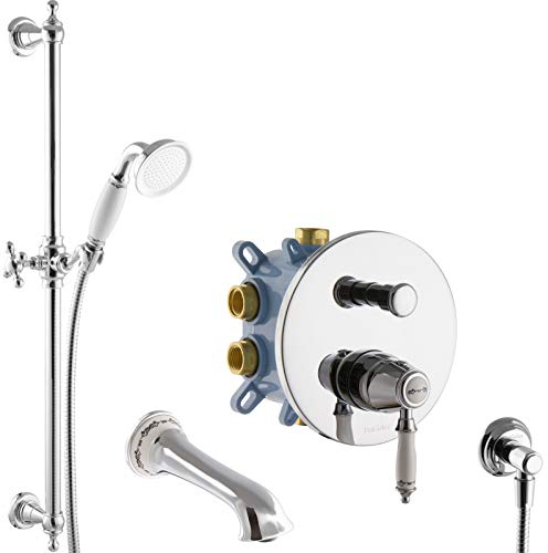 PaulGurkes Wannenarmatur Unterputz Retro Nostalgie Duschstange Einhandmischer chrom weiß Keramikhandbrause Brausehalterung Wandanschlussbogen Armatur 2-Wege Landhausstil 160cm Brauseschlauch