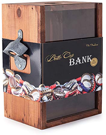 Mealivos Bottle Opener and Cap Saver – Classic Rustic Wood Standing Or Wall Mountable Metal Bar Bottle Opener with Beer and Soda Cap Collector
