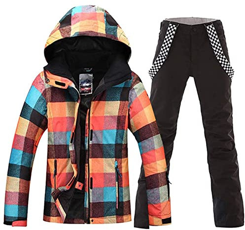 Skijacke, Snowboardjacke für Damen, hohe Winddichte, bunte Schneejacke, Hosenset, Style-10, Large