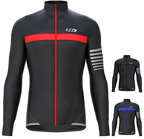 FDX Men’s All Day Cycling Jersey, Thermal, Water Resistant, Super Roubaix Fabric, Lightweight Winter Cycle Top, Long Sleeve Bicycle Riding Shirt with 3 Pockets, Running Sports Clothing (Red L)