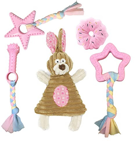 Volacopets Lot de 5 jouets à mâcher pour chiots de petite taille, jouets couineurs en peluche froissée pour chiens de petite taille, rose