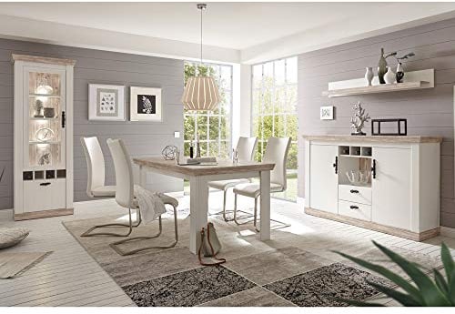 Lomadox Esszimmer-Set im Landhaus Stil Pinie weiß, Oslo Pinie dunkel, Sideboard, Vitrine, Esstisch und Wandregal
