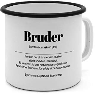 Emaille-Tasse mit Definition Bruder - Tasse mit Spruch, Wörterbuchtasse, Geschenktasse, witzig, Kaffeebecher, Becher, Tasse, Becher - Farbe Weiß/Schwarz