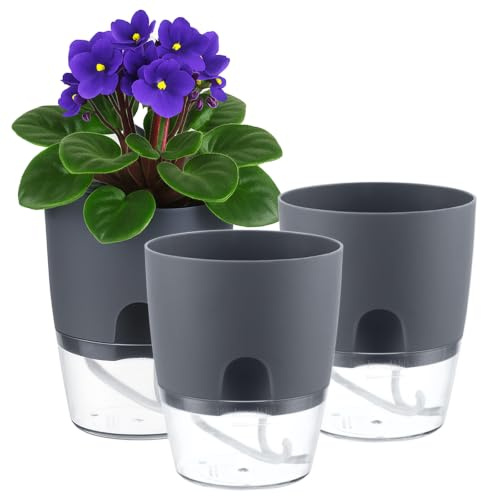 Selbstbewässernde Töpfe für Zimmerpflanzen, Blumentöpfe im Freien, 3er-Pack, 15,2 cm, selbstbewässernde Pflanzgefäße mit dekorativen Steinen, Blumentopf, Pflanztöpfe Innen, Blumentöpfe Innen, Grau