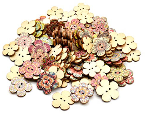 Skyzone Botones de Madera, 100 Piezas Botones con Forma de Flor Botones artesanales Retro Botones Decorativos Impresos Coloridos Hechos a Mano para cárdigans Tejer Bricolaje Manualidades de Costura