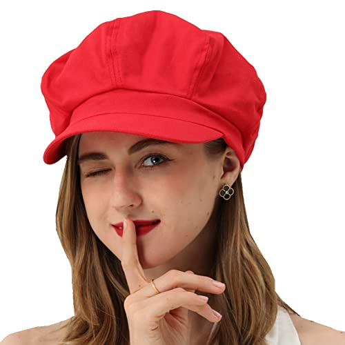 Damen Newsboy Cap Sommer Barett Cap - 100% Baumwolle 8 Paneele Vintage Cabbie Hut - achteckiges Visier-Kappe für Frauen Mädchen Damen Geschenk, Rot/Ausflug, einfarbig (Getaway Solids), 7 1/8 / 7 3/8