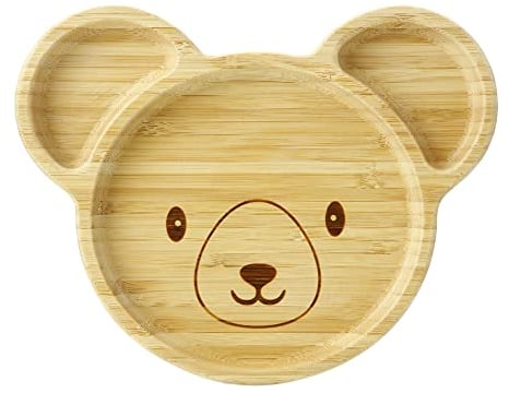 PandaEar Platos de madera de bambú para bebé con succión, divididos, irrompibles, antideslizantes (forma de Panda)