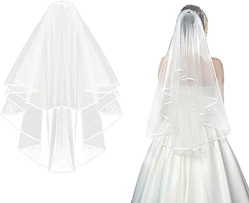 Schleier Braut Softtüll Doppellagig Brautschleier mit Kamm Hochzeitsschleier Satinkante Tüll Kurbelkante Doppelschleier Ivory Weiß Brautschmuck Lang Schleier Hochzeit Brautdusche Party Deko