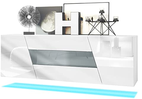 Vladon Sideboard Houston, Made in Germany, hängende Kommode mit 2 Türen & 3 Schubladen, Weiß matt, Weiß Hochglanz, mittlere Schublade Grau Hochglanz, inkl. LED-Beleuchtung (178 x 57,5 x 38,5 cm)