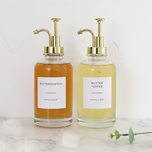 Distributeurs sirop de café Lot de 2 avec 36 étiquettes et pompe dorée, Bouteilles de sirop en verre 500ml pour accessoires de bar à café, cuisine, caramel, vanille, érable, distributeur de savon