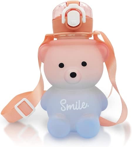 Horkos Botella de paja de oso Kawaii de 800ml,Botellas de agua a prueba de fugas sin BPA,Botella de Agua portátil con Forma de Oso con Pajita,Botella de Bebida con Correa Ajustable para el Hombro