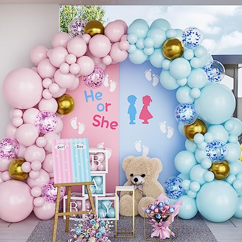 Palloncini Rosa e Azzurro, 123 pezzi Blu Rosa Pastello Coriandoli Arco di Palloncini Kit con Oro Metallizzato per Festa di Compleanno Baby Shower Rivelare il Genere Matrimonio Battesimo Decorazioni