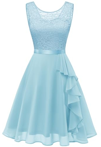 Berylove Kleid mit Rüschensaum Brautjungfernkleider Kurz Festliche Kleid Festlich Damen Cocktailkleider für Hochzeit Brautkleid Hochzeitskleid 7052 Lightblue XS