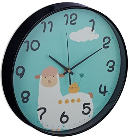 Relaxdays Wanduhr Lama, Ø 29,5 cm, Alpaka Uhr für Kinder, Kinderzimmeruhr Jungen & Mädchen, analog, Kinderuhr Wand, blau